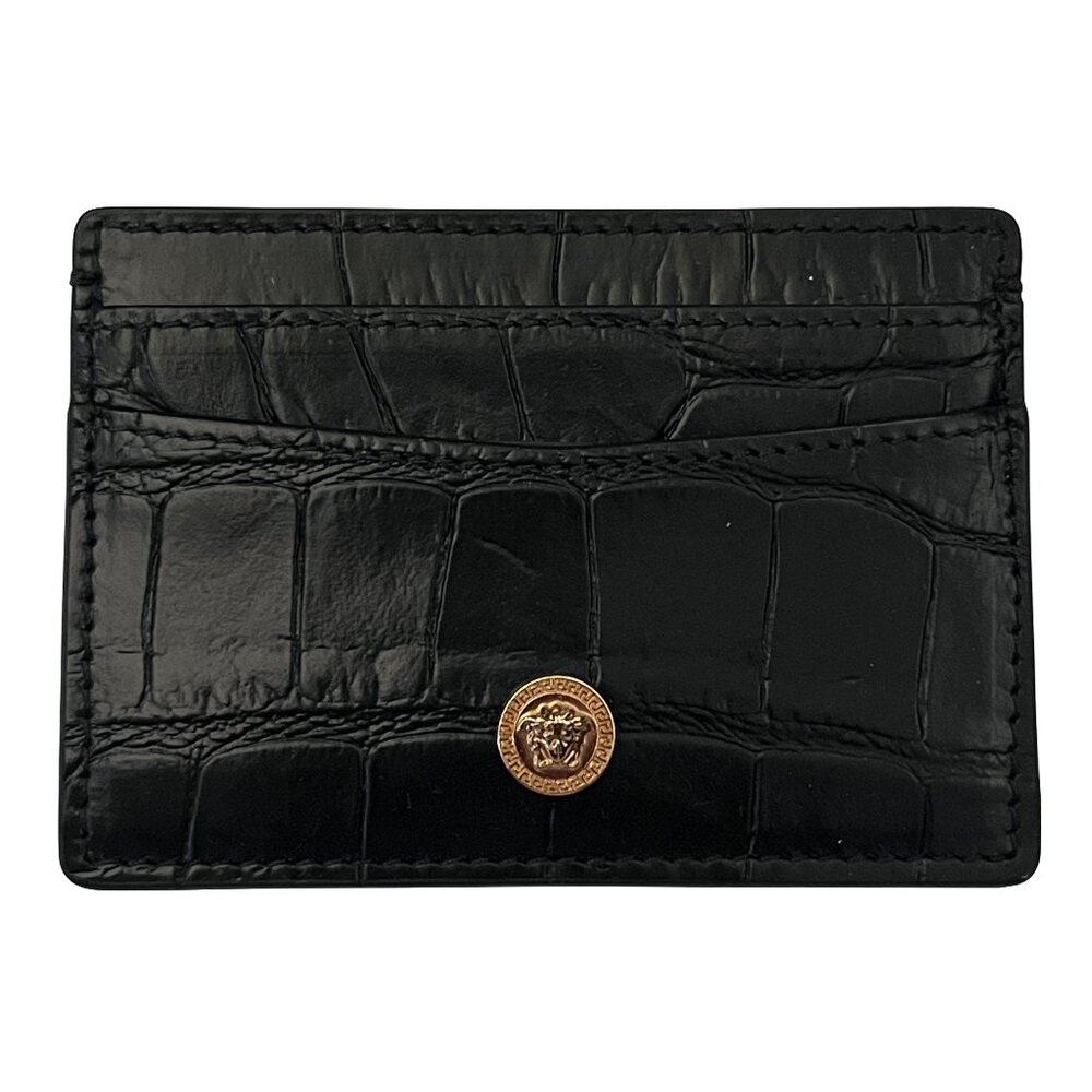 NEW $350 Versace Black Medusa Croc Embossed Leather Card Case